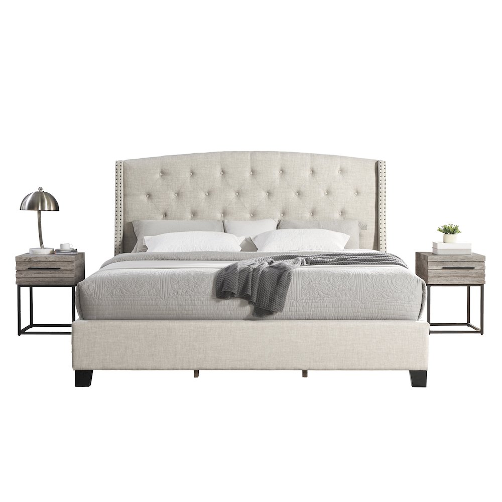 3-Piece Upholstered Bedroom Set, Tufted Wingback Bed, 2Gray Nightstands, King. Picture 1