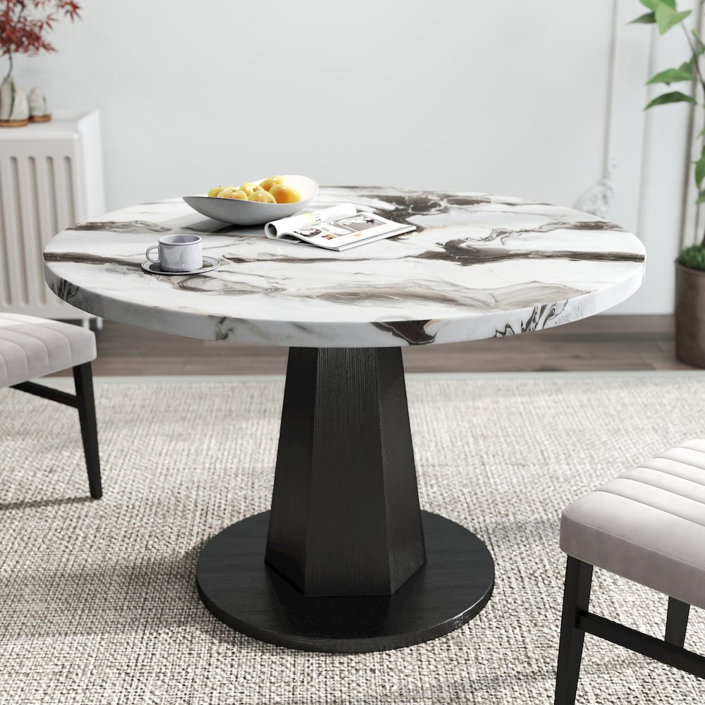 5-Piece Dining Set, Off-White Faux Marble Dining Table with Four Chairs, Tan. Picture 9