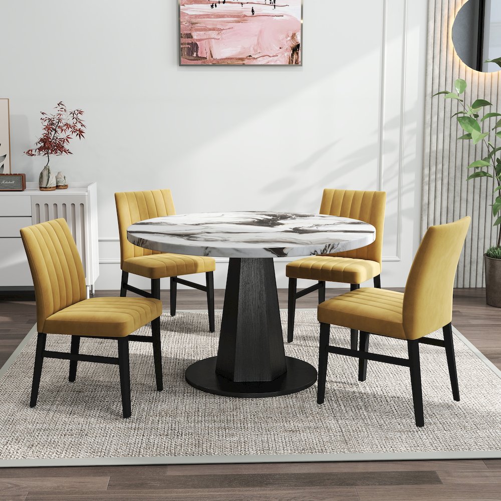 5-Piece Dining Set, Off-White Faux Marble Dining Table with Four Chairs, Yellow. Picture 2