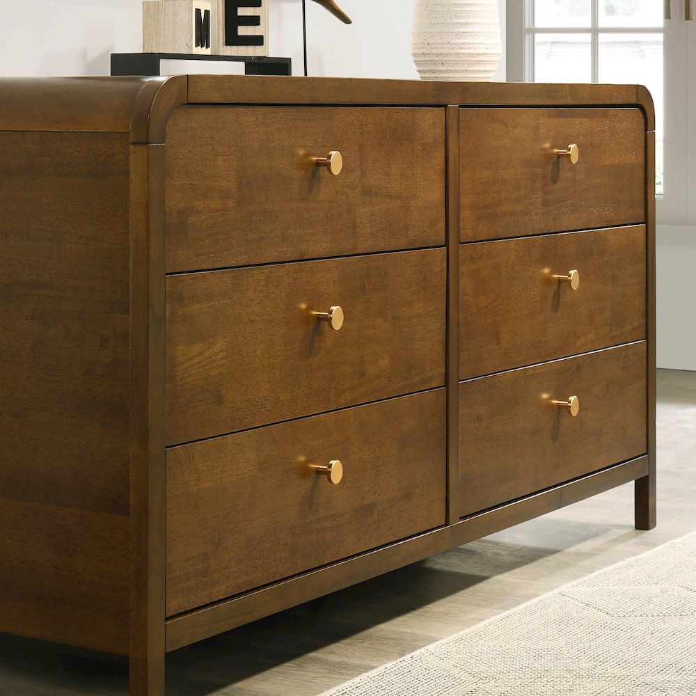Eldren 6-Drawer Wood Dresser with Solid Rubberwood Frame, Walnut Finish. Picture 5
