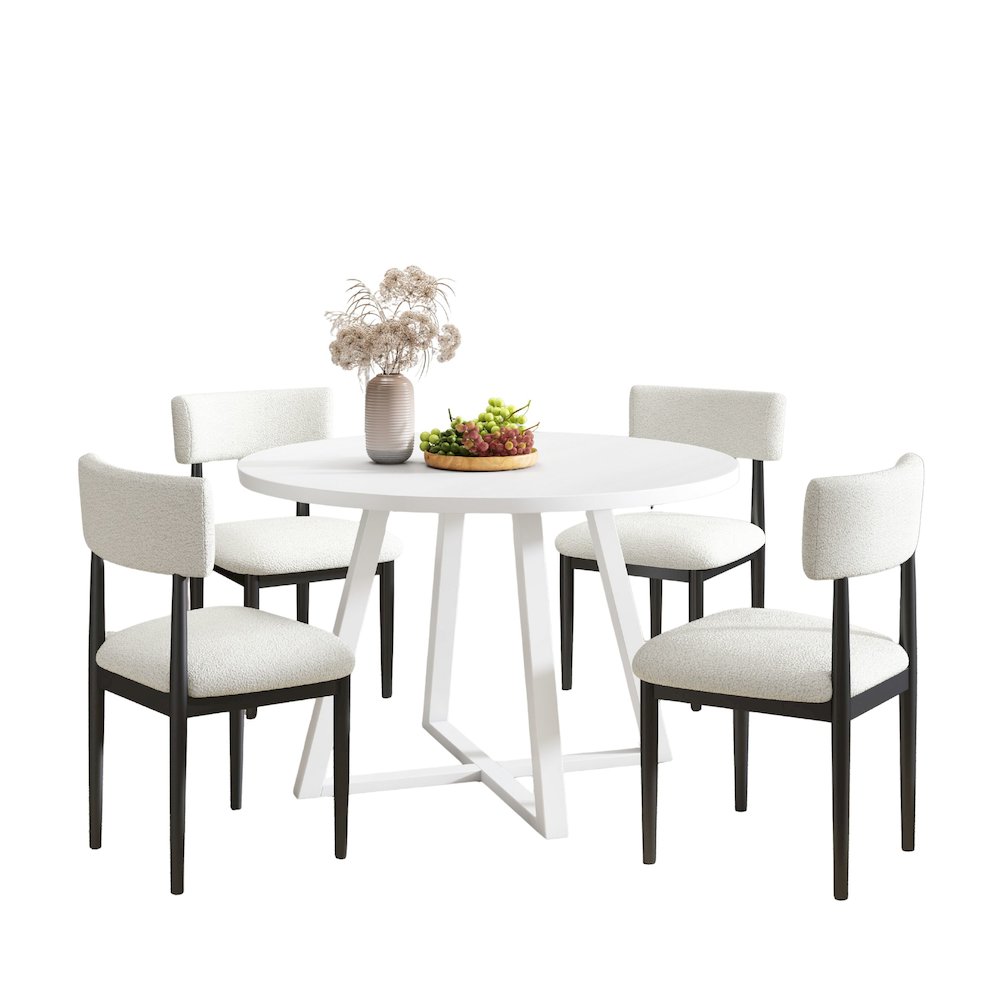 Edo 5-Piece Dining Set, Round Trestle Table and 4 Chairs, White and Black. Picture 1