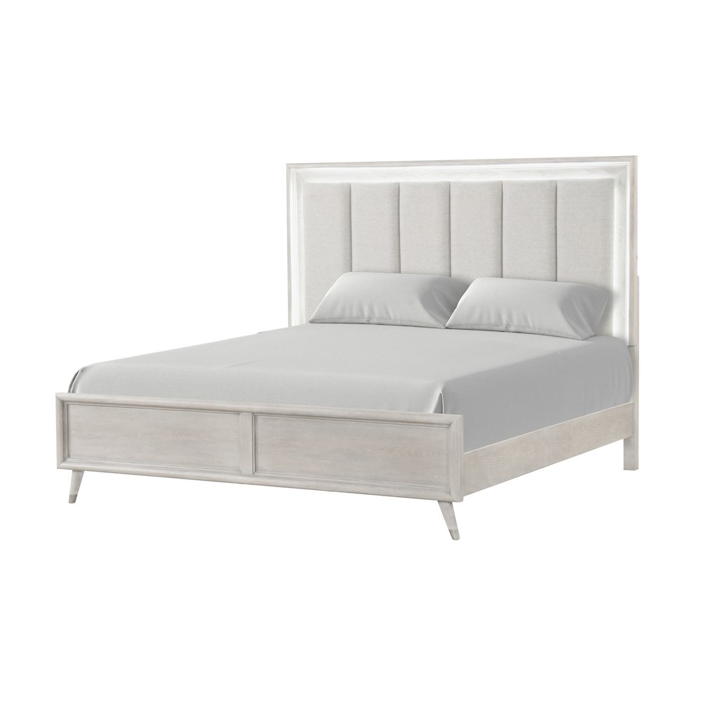 Seluna LED Lighting Panel Bed, Upholstered Headboard, Gray Oak Finish, King. Picture 1