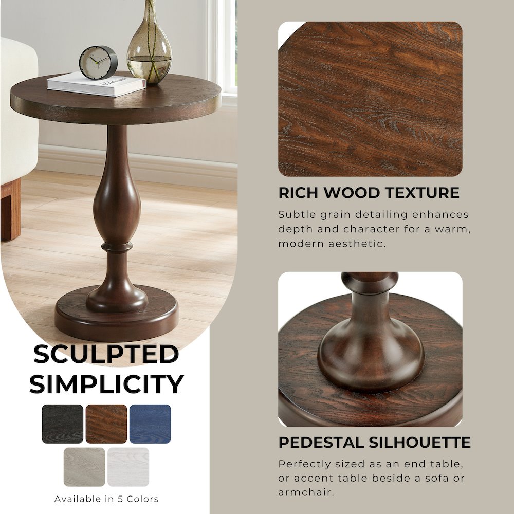 Solmere 22" Round Wood Pedestal End Table, Espresso. Picture 5
