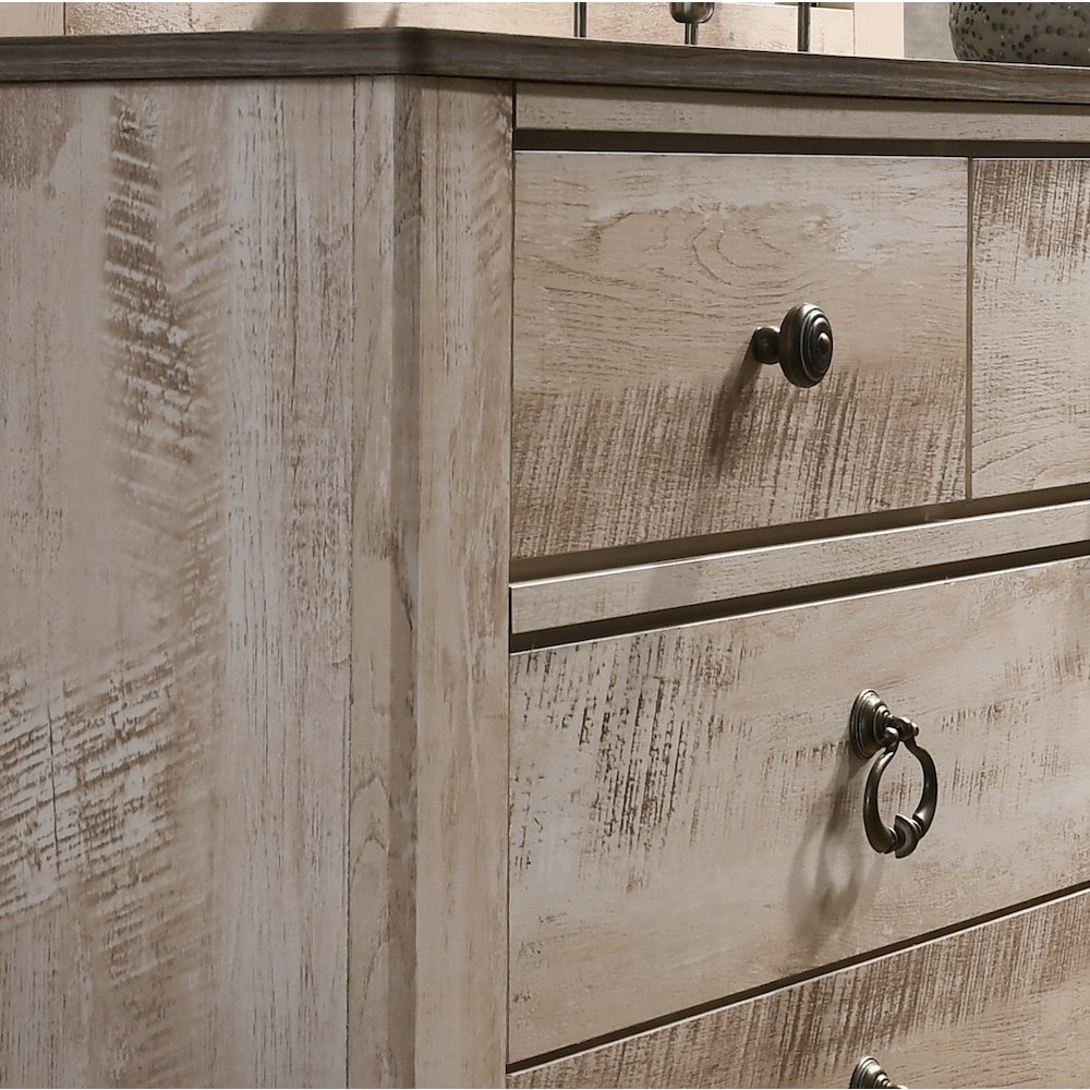 Imerland White Wash Finish Patched Wood Top 7-drawer Dresser and Mirror. Picture 3