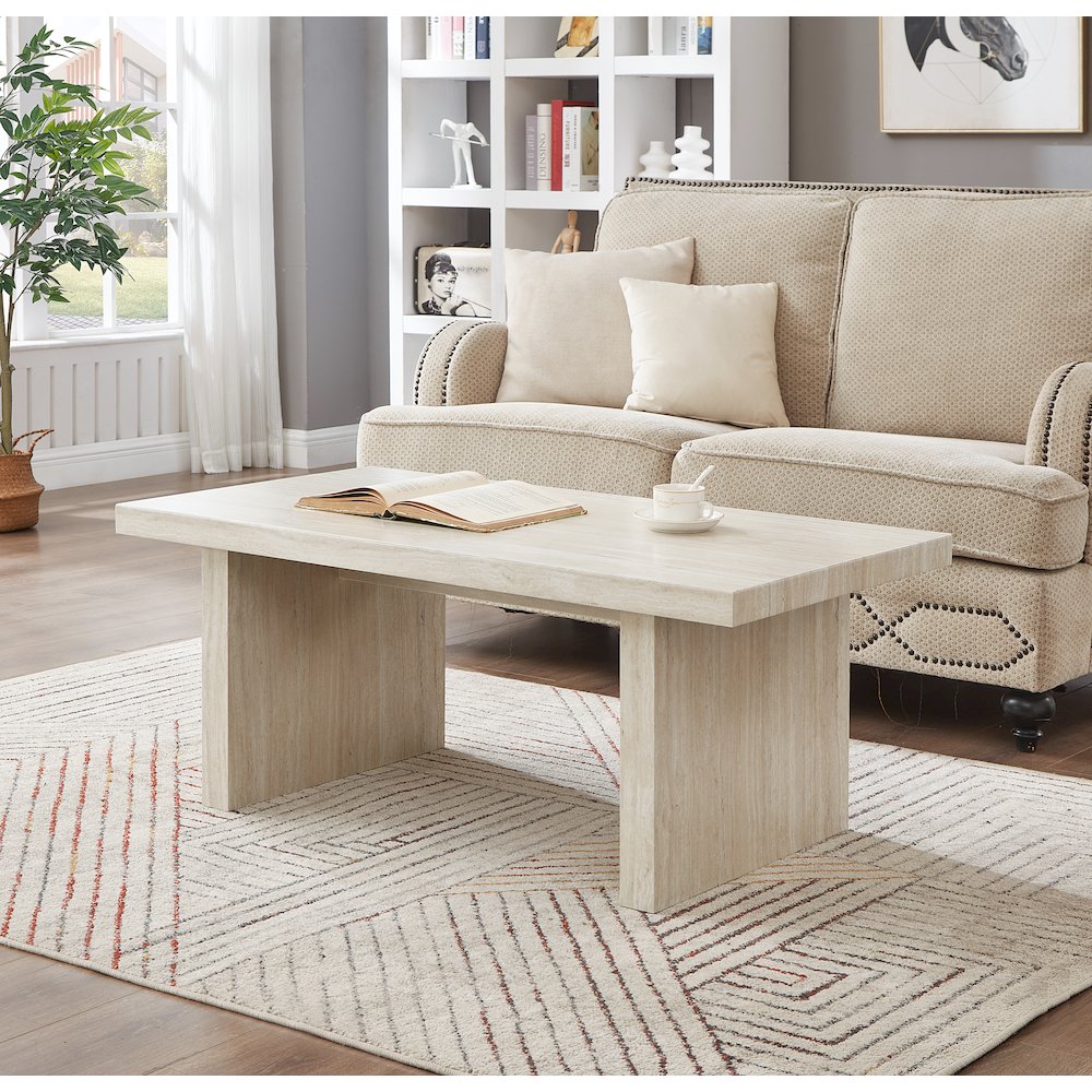 Cavira 3-Piece Faux Marble Coffee Table Set, Table and Two End Tables, Beige. Picture 4