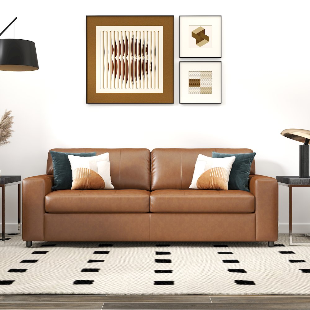 Sakan Leather 4-Pc Living Room Set, Sofa Loveseat, Chair and Ottoman, Caramel. Picture 13