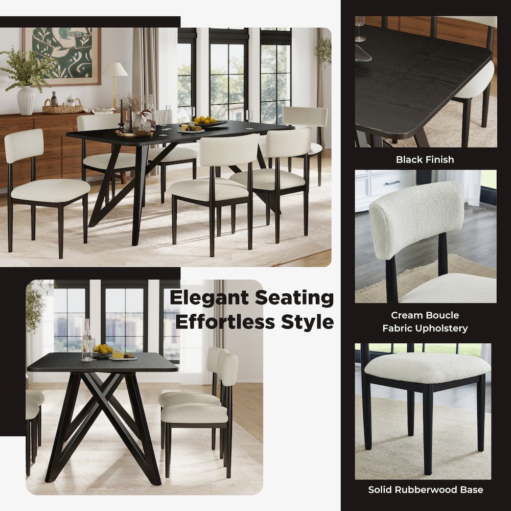 Axler 7-Piece Dining Set, Tripod-Cross Dining Table with 6 Boucle Chairs, Black. Picture 8
