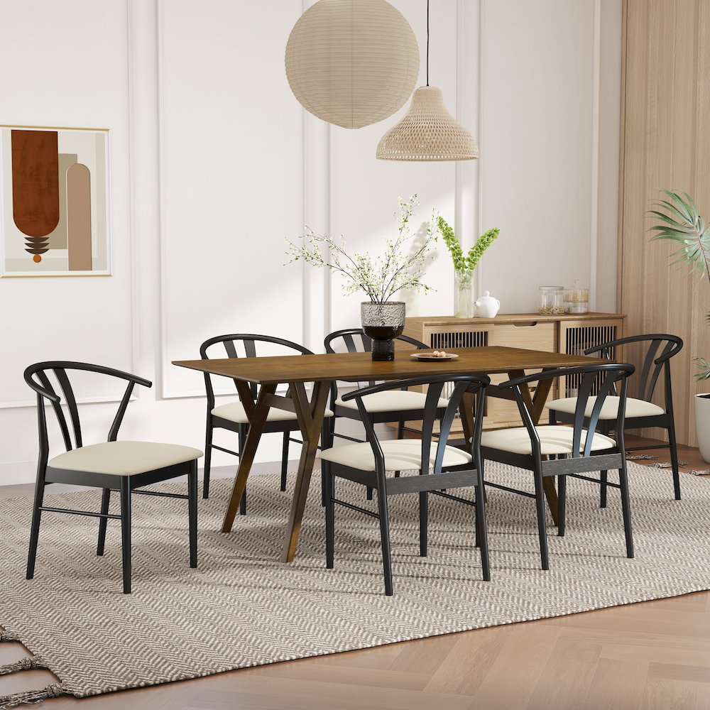 7-Piece Dining Set, Walnut Finished Dining Table with 6 Black Wishbone Chairs. Picture 4