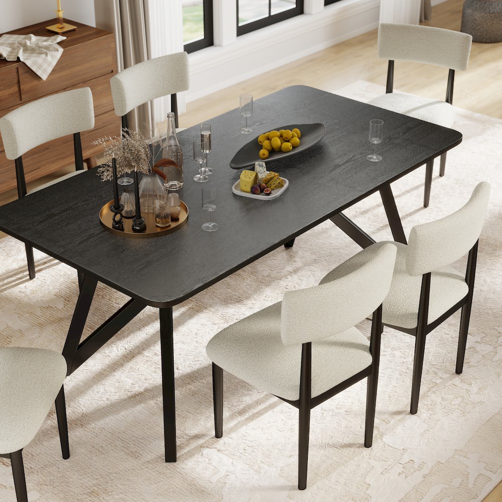 Axler 7-Piece Dining Set, Tripod-Cross Dining Table with 6 Boucle Chairs, Black. Picture 4