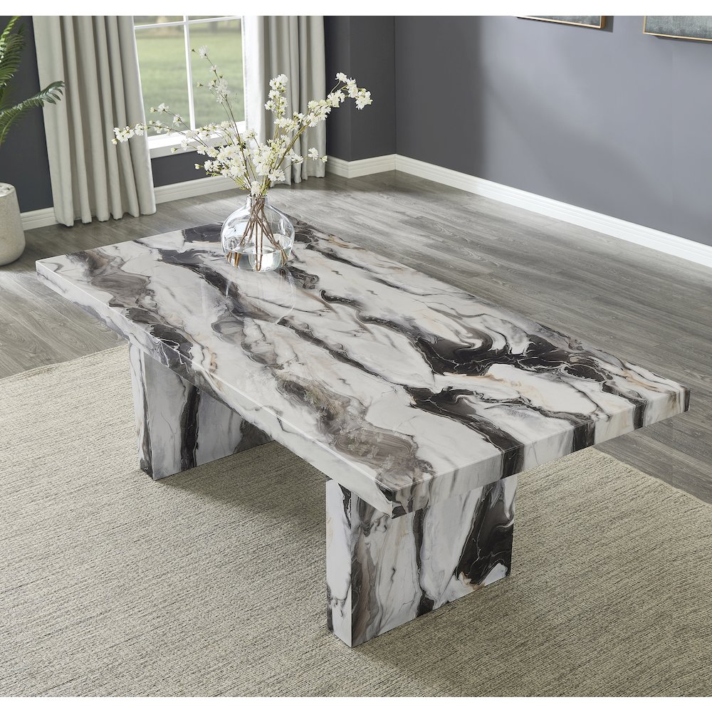 Cavira 7-PC Modern Faux Marble Dining Set, Double Pedestal Table with 6 Chairs. Picture 8