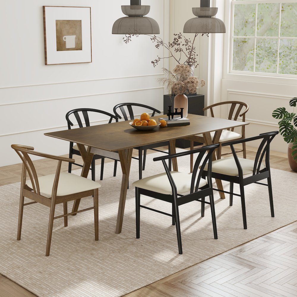 7-Piece Dining Set, Wood Dining Table with 2 Walnut and 4 Black Wishbone Chairs. Picture 2