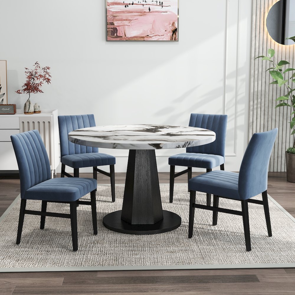 5-Piece Dining Set, Off-White Faux Marble Dining Table with Four Chairs, Blue. Picture 2
