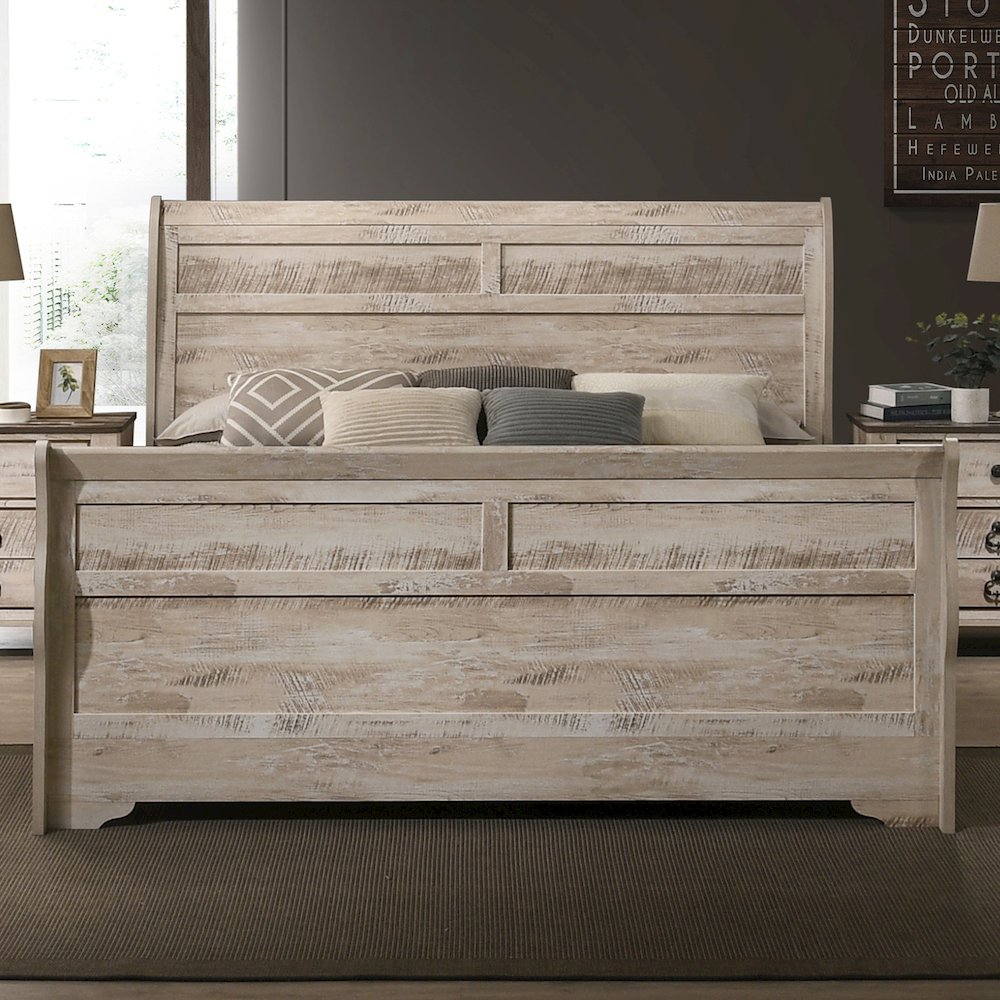 White Wash Finish 3-Piece Bedroom Set-Sleigh Bed and Two Nightstands, King Size. Picture 5
