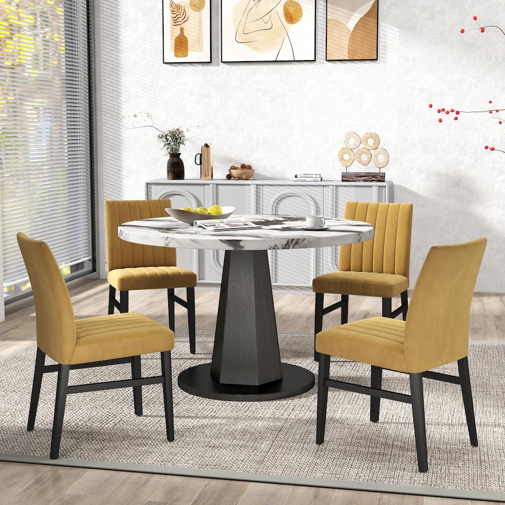 5-Piece Dining Set, Off-White Faux Marble Dining Table with Four Chairs, Yellow. Picture 4
