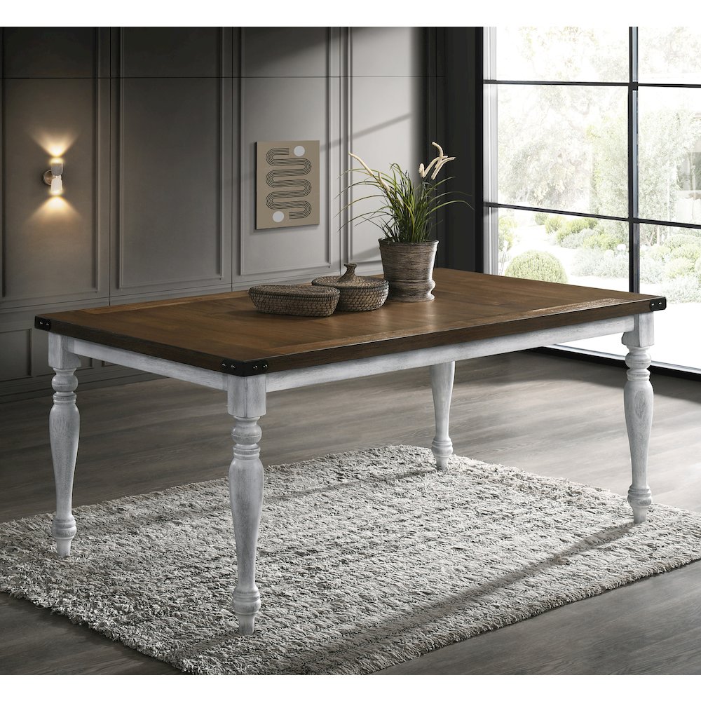 Salines Two-tone Wood Turned Leg Dining Table, Rustic White and Oak. Picture 2