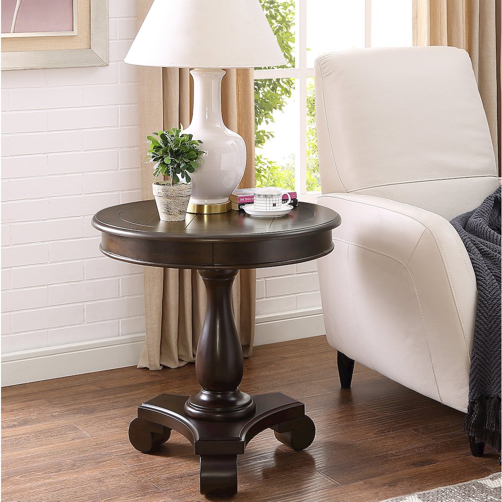 Rene Round Wood Pedestal Side Table, Espresso. Picture 2