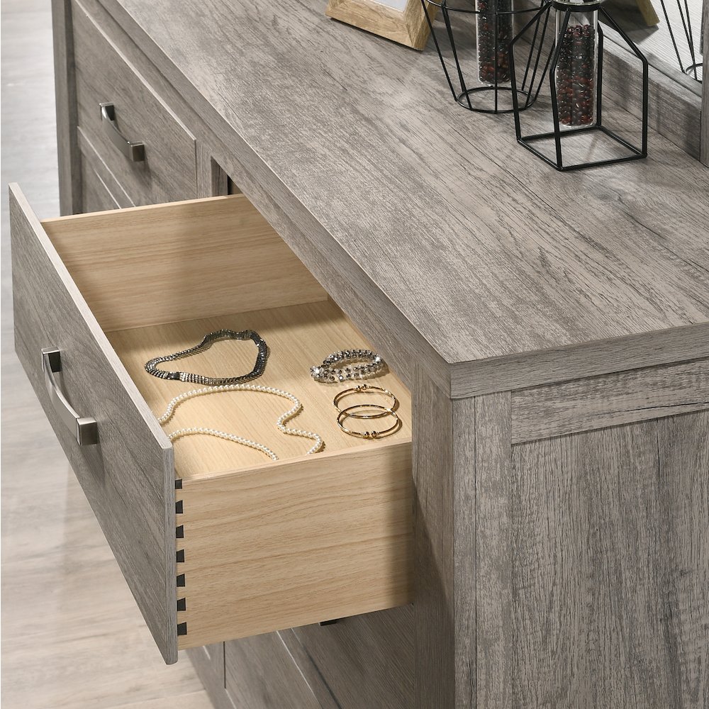 Weathered Gray Wood Bedroom Set, King Panel Bed, Dresser, Mirror, 2 Nightstands. Picture 8