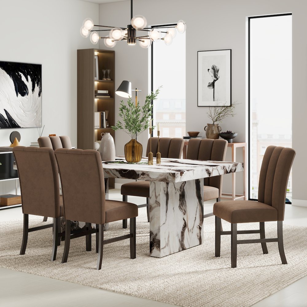 Cavira 7-PC Modern Faux Marble Dining Set, Double Pedestal Table with 6 Chairs. Picture 2