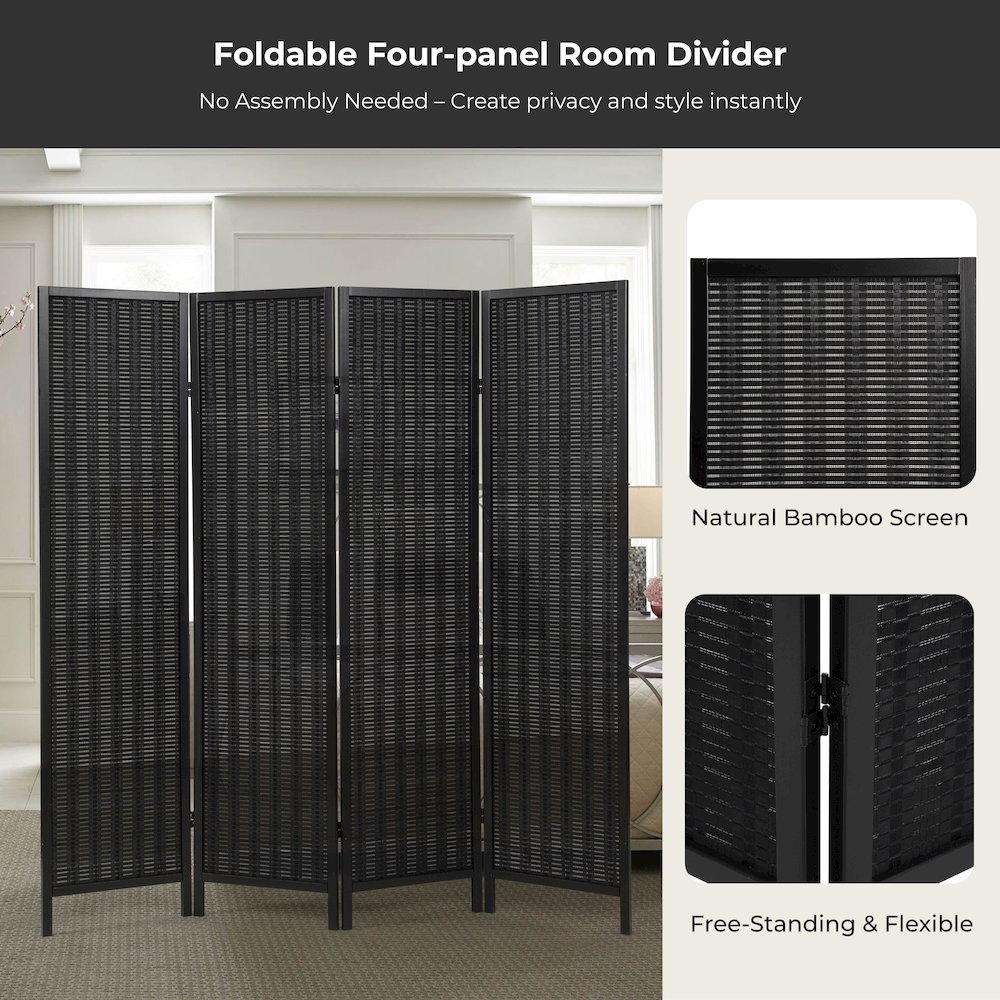 Inkwell 4-Panel Bamboo Room Divider, Folding Screen, Black with Black Frame. Picture 5