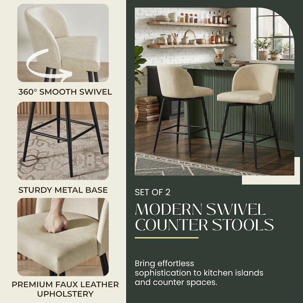 Rhythm Upholstered Counter Height Stool, 360° Swivel, Set of 2, Beige. Picture 5