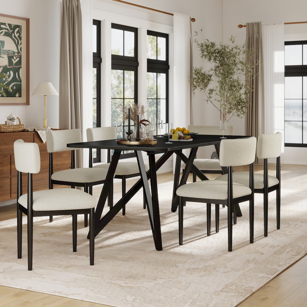 Axler 7-Piece Dining Set, Tripod-Cross Dining Table with 6 Boucle Chairs, Black. Picture 3