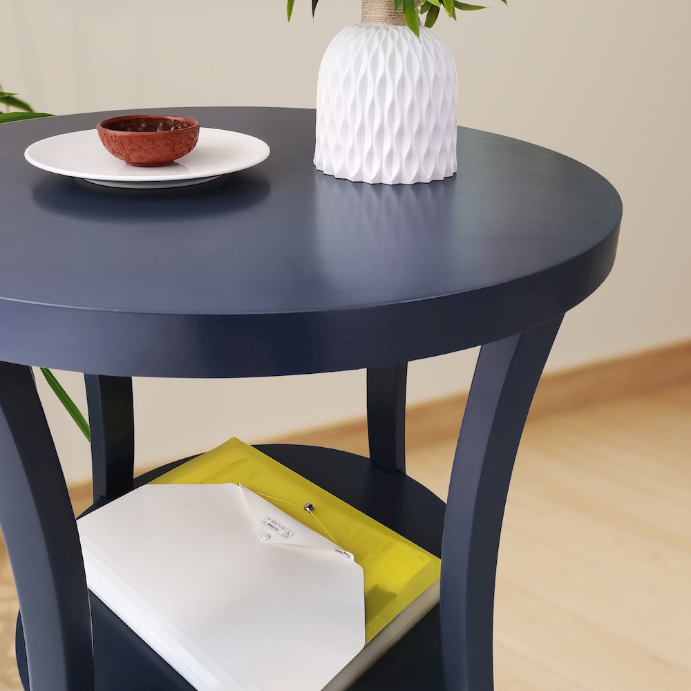 Perth Round End Table with Shelf, Navy Blue. Picture 4