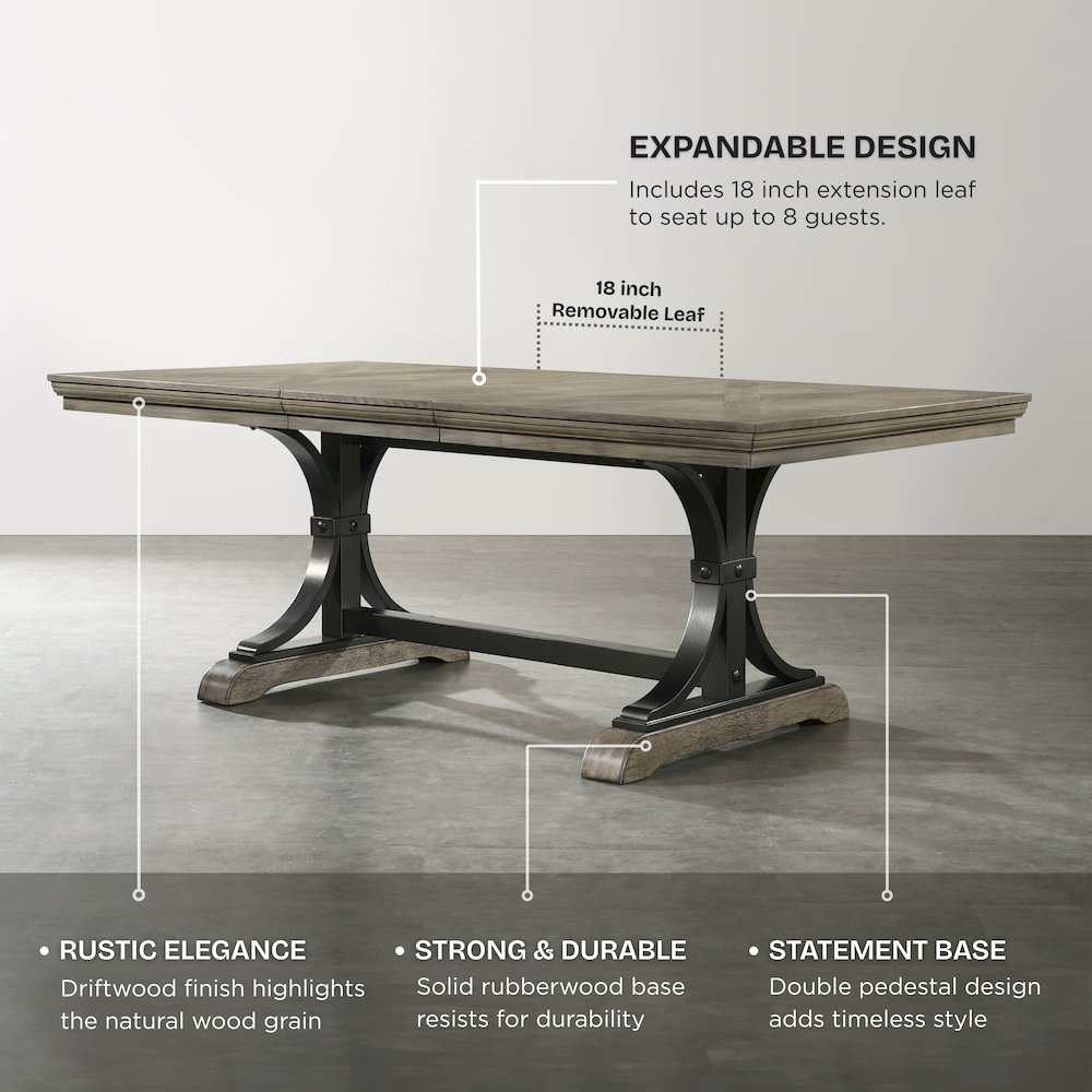 8-Piece Extendable Table with Nailhead Bench and Armchairs Dining Set, Driftwood. Picture 7
