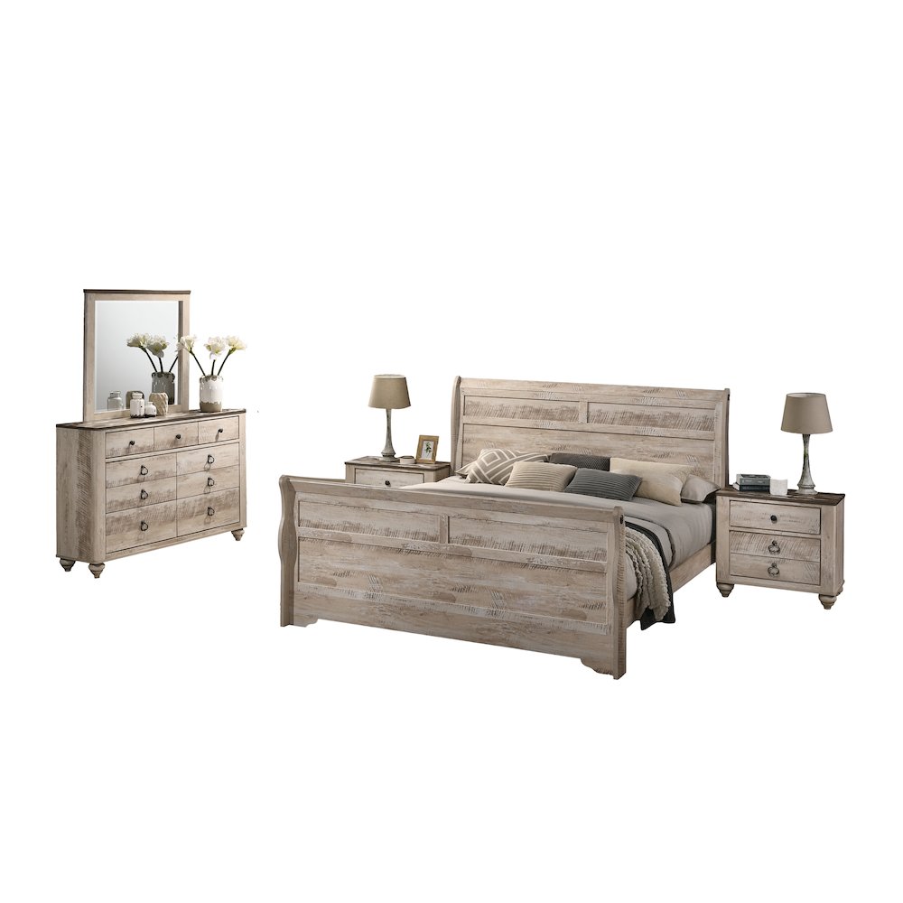 White Wash Finish Bedroom Set with Queen Bed, Dresser, Mirror, Two Nightstands. Picture 1
