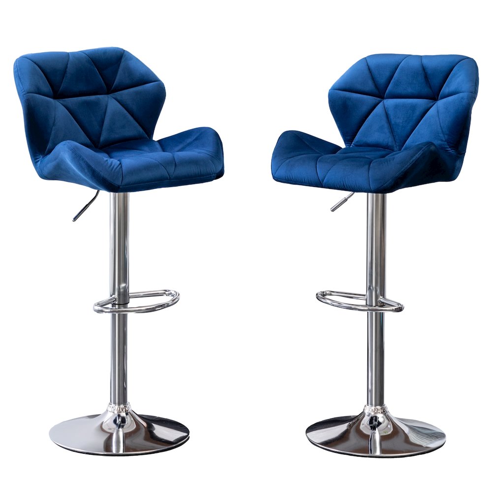 Breni Velvet Diamond Tufted Swivel Adjustable Height Barstool, Set of 2, Blue. Picture 1