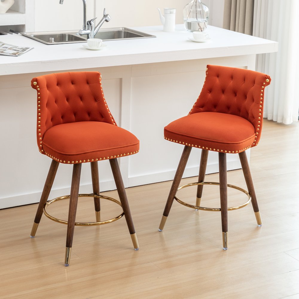Elvara Set of 2 Button-Tufted Counter Stools with Nailhead Trim - Orange. Picture 7