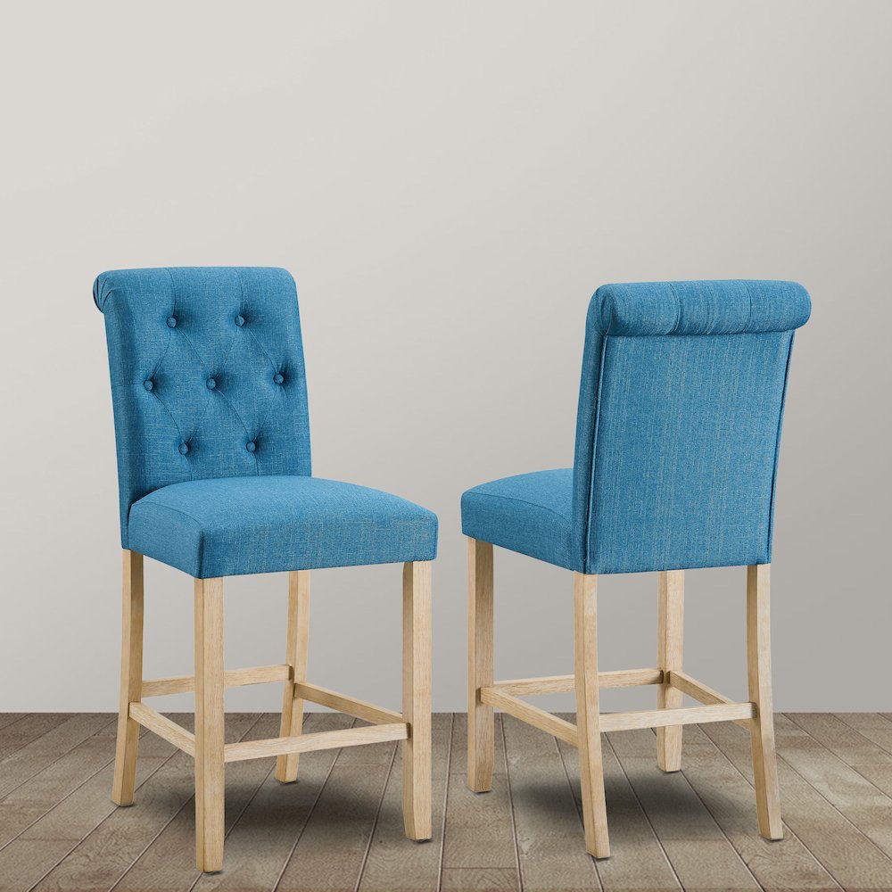 Siena Counter Height Button Tufted Back Solid Wood Stools, Set of 2, Blue. Picture 2