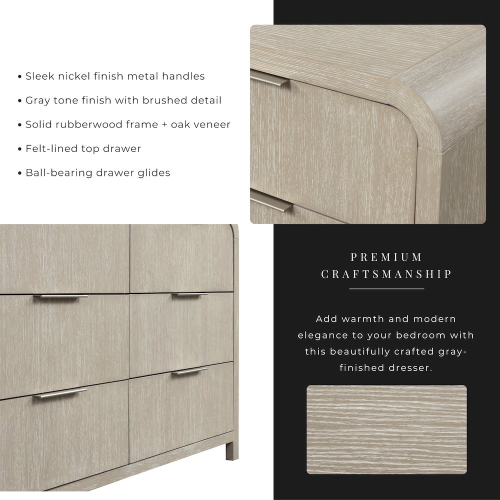 Tavari Contemporary 6-Drawer Wood Dresser with Mirror, Light Gray. Picture 7