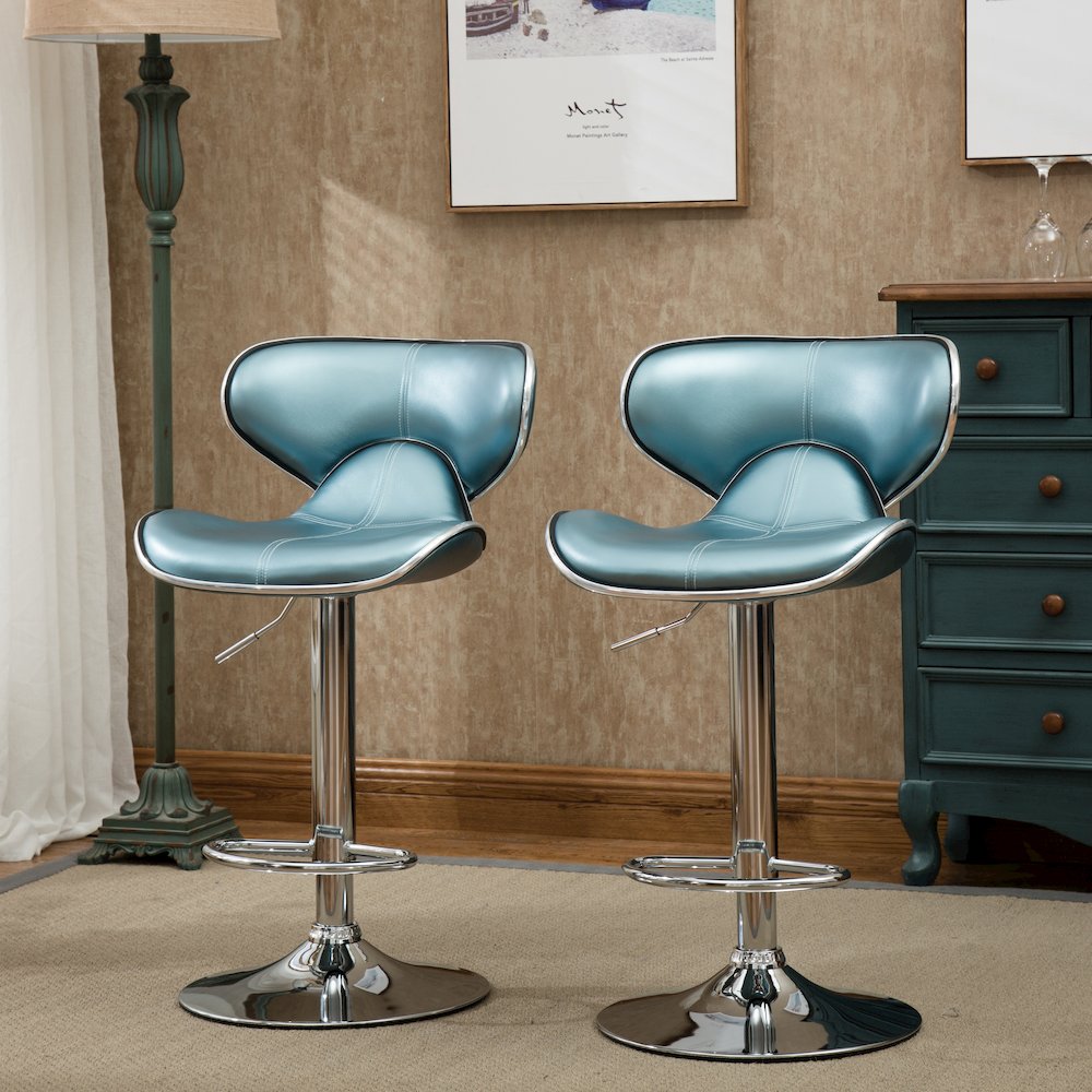 Masaccio Blue Leatherette Adjustable Swivel Barstool Chrome Base, Set of 2. Picture 5
