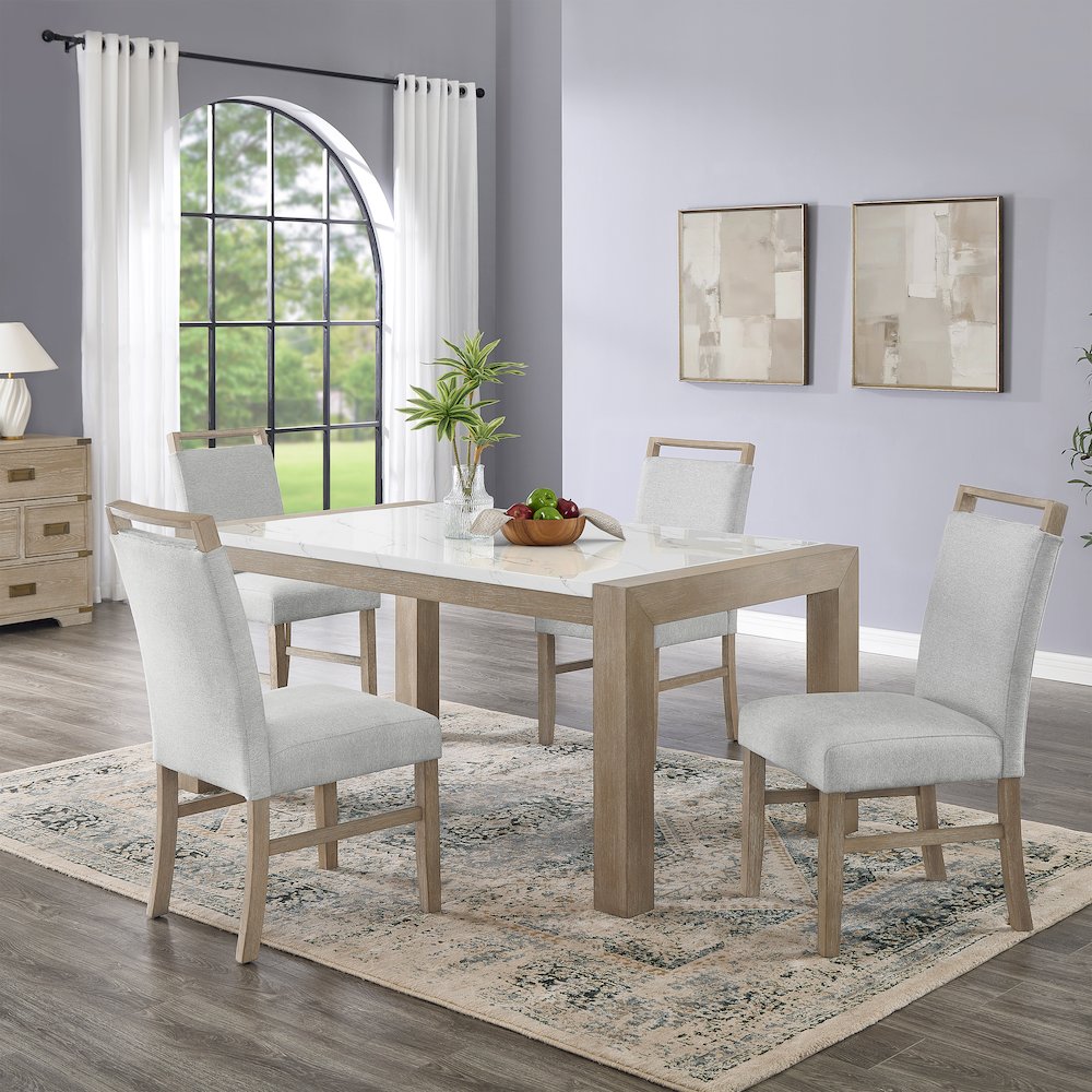 Zelalle 5-PC Dining Set, Faux Marble Table, 4 Chairs, White Wired-Brushed Finish. Picture 2