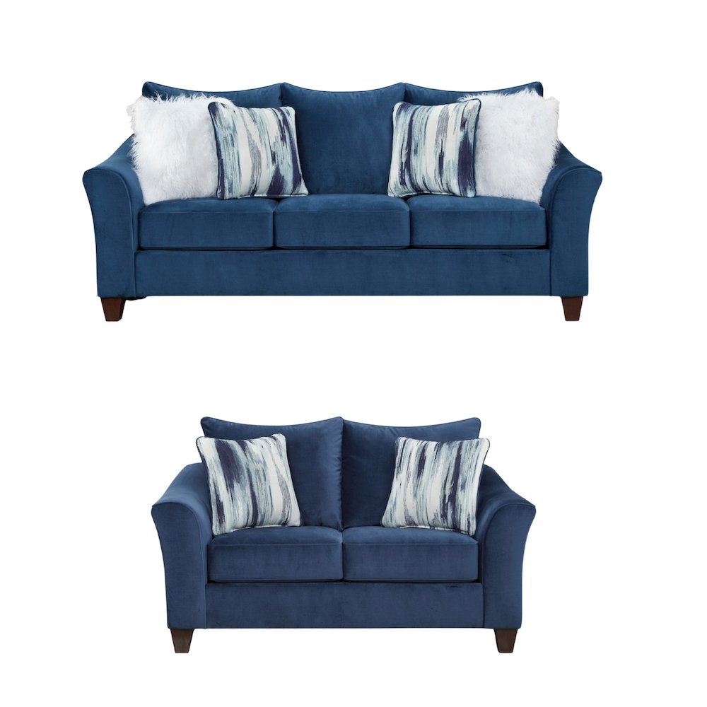 Camero Fabric Pillowback Sofa and Loveseat Set in Navy Blue. Picture 1