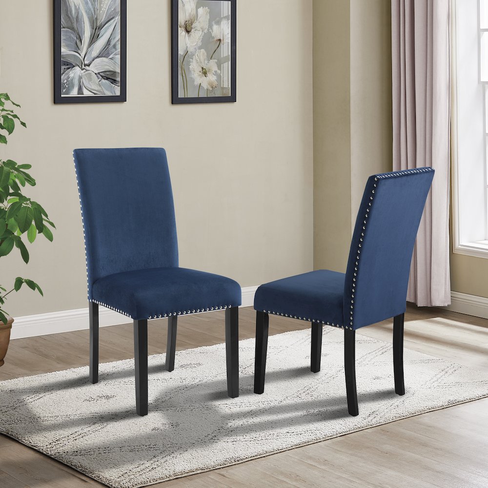 Cobre Contemporary Velvet Dining Chair with Nailhead Trim, Set of 2, Blue. Picture 2