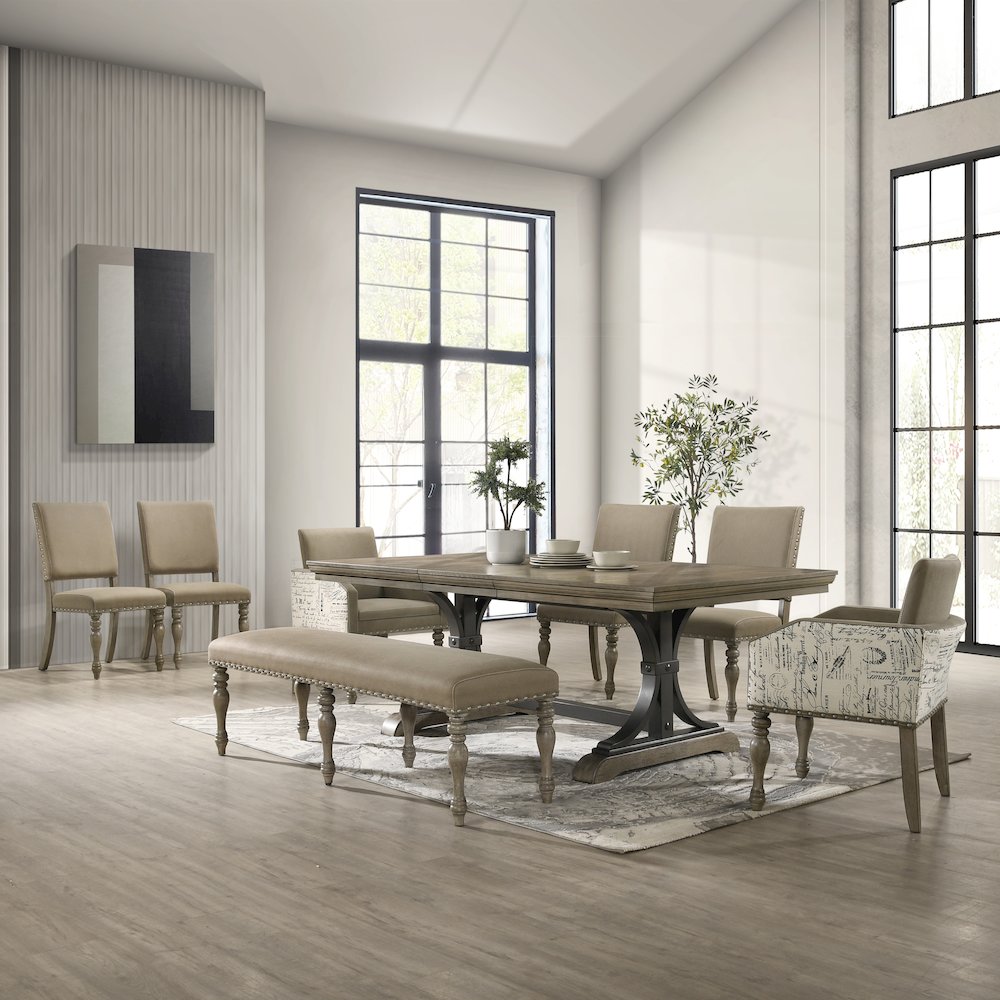 8-Piece Extendable Table with Nailhead Bench and Armchairs Dining Set, Driftwood. Picture 2