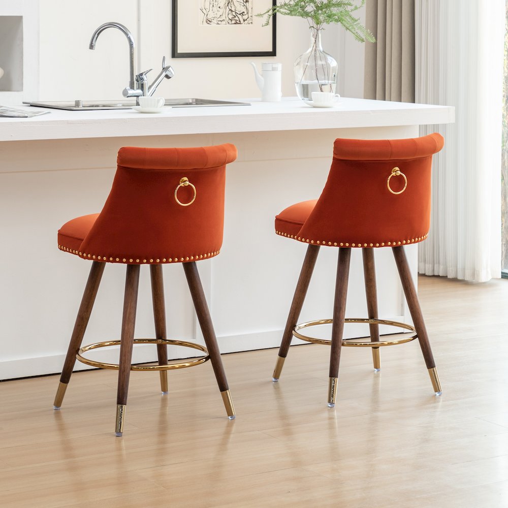 Elvara Set of 2 Button-Tufted Counter Stools with Nailhead Trim - Orange. Picture 5