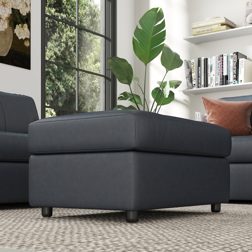 Sakan Leather Upholstered Ottoman, Blue. Picture 5