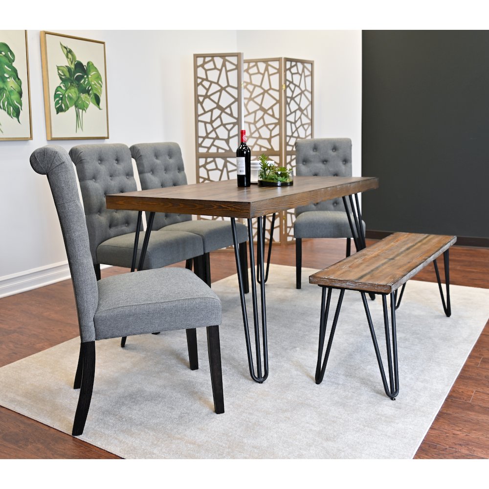 Ashford 6-Pc Dining Set, Hairpin Dining Table with 4 Chairs and Bench, Gray. Picture 5