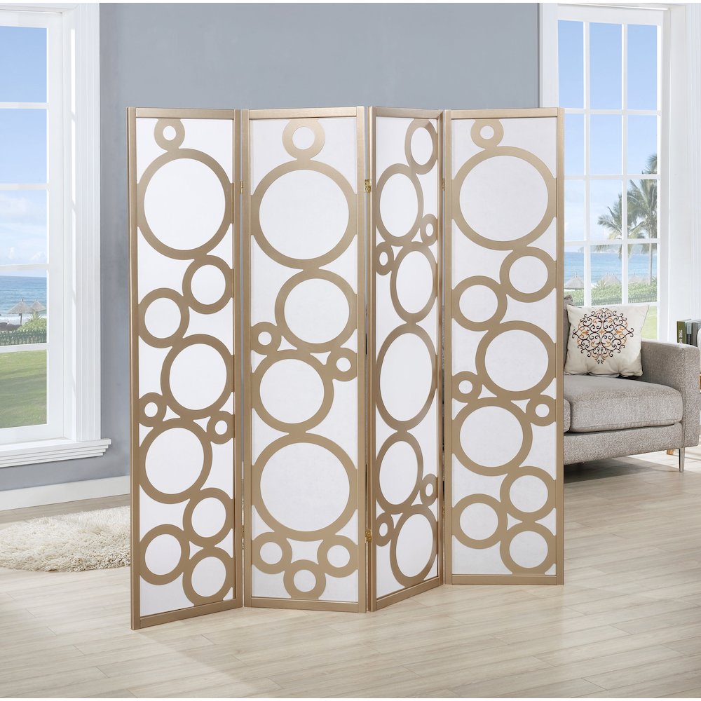 Arvada 4-Panel Wood Room Divider with Circle Pattern, Gold. Picture 2
