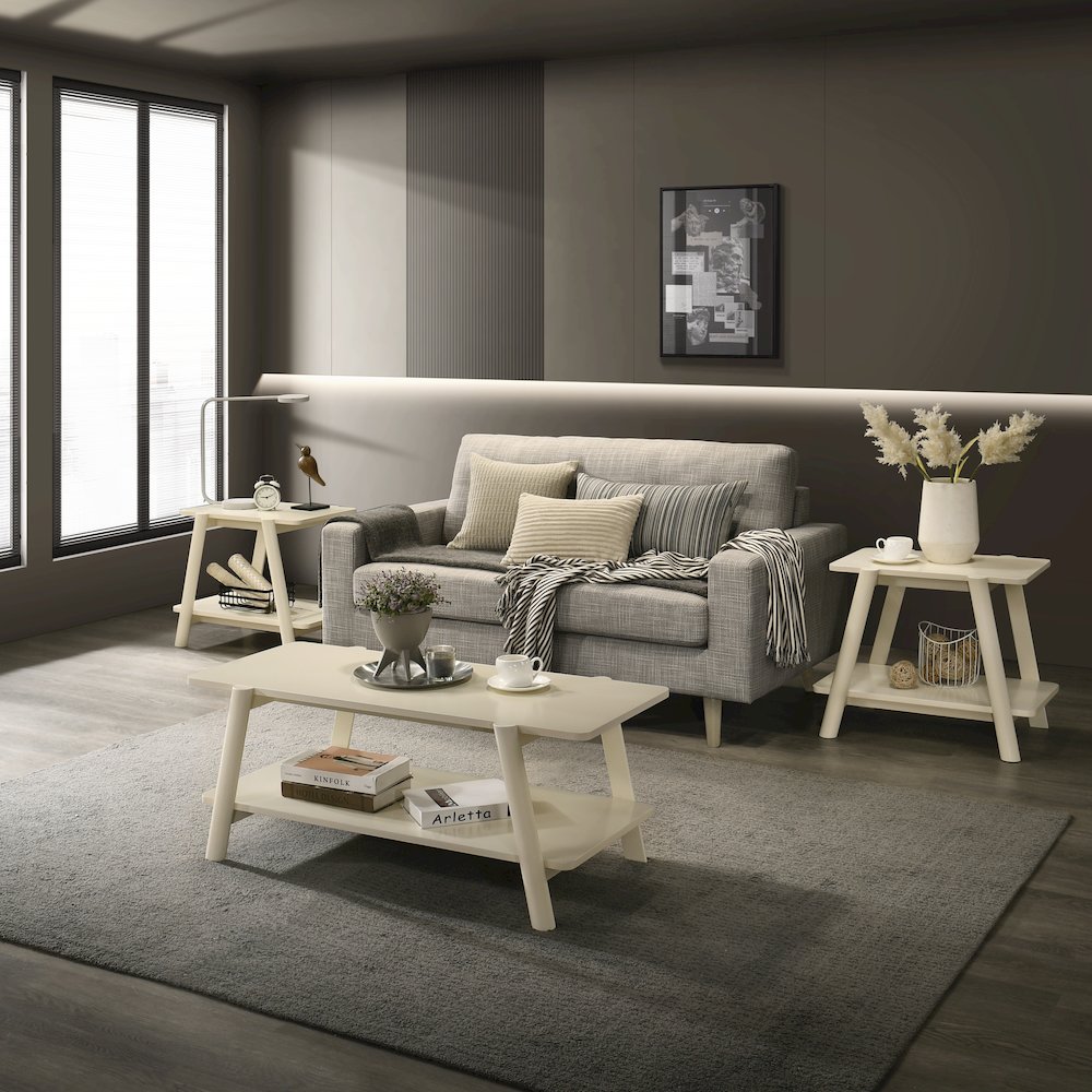 Metz 3-Piece Coffee Table Set, Coffee Table and Two End Tables, Off-White Finish. Picture 3