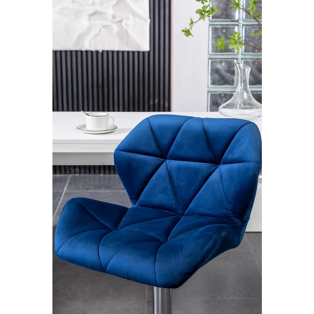 Breni Velvet Diamond Tufted Swivel Adjustable Height Barstool, Set of 2, Blue. Picture 9