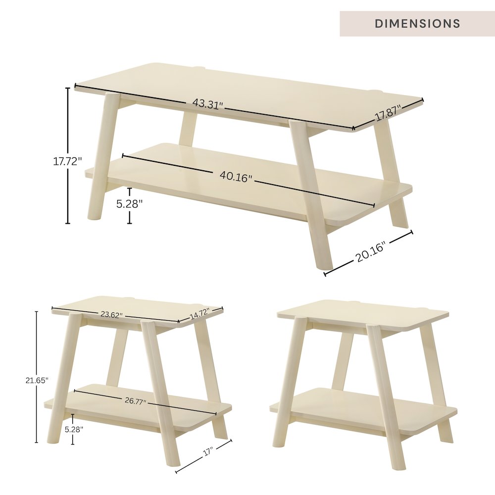Metz 3-Piece Coffee Table Set, Coffee Table and Two End Tables, Off-White Finish. Picture 10
