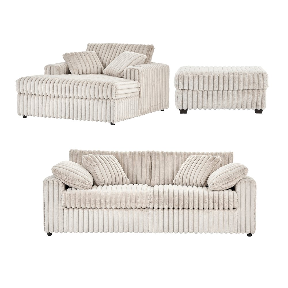 Belvoir 3-Piece Living Room Set, Sofa Cuddle Chaise and Ottoman, Beige Champagne. Picture 13