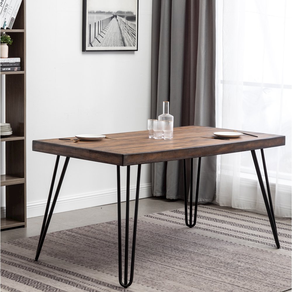 Aryven Industrial Metal Hairpin Design Dining Table, Rustic Dark Pine. Picture 2