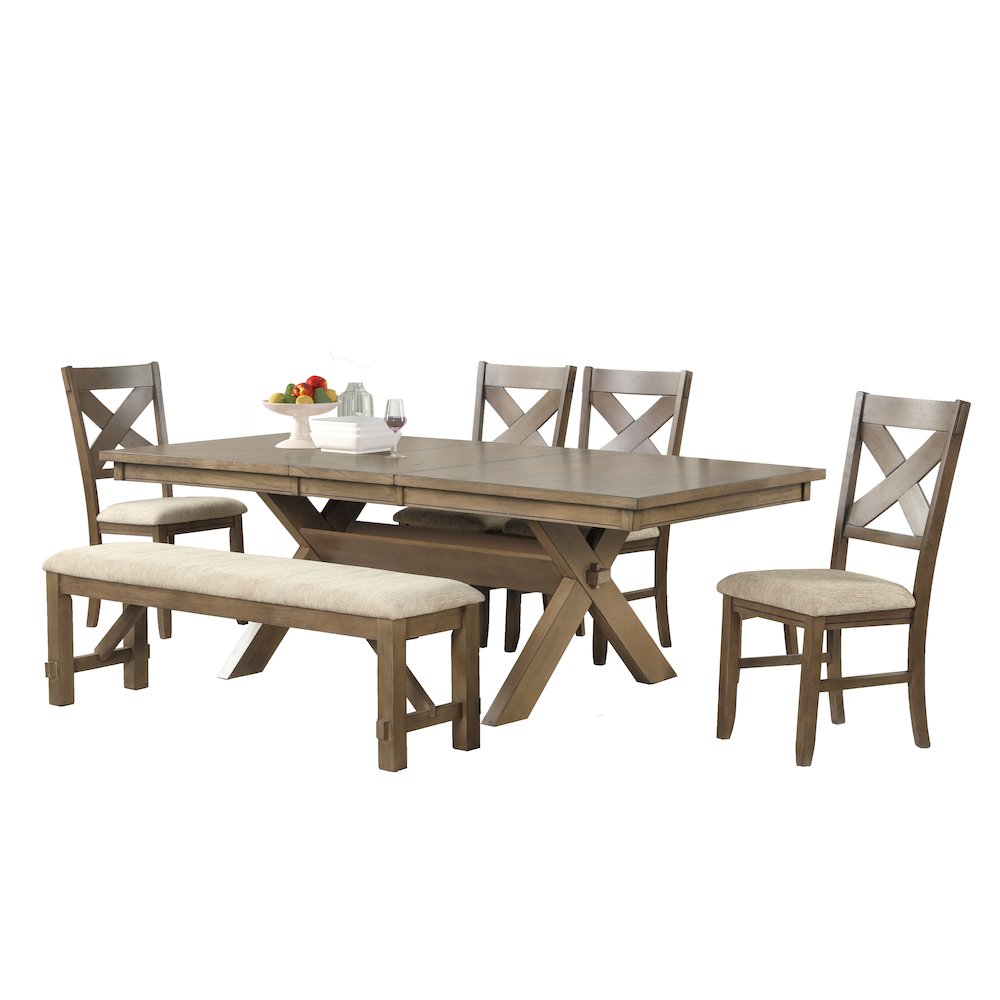 Raven Wood 6-PC Dining Set, Extendable Table, 4 Chairs, Bench, Glazed Pine Brown. Picture 1