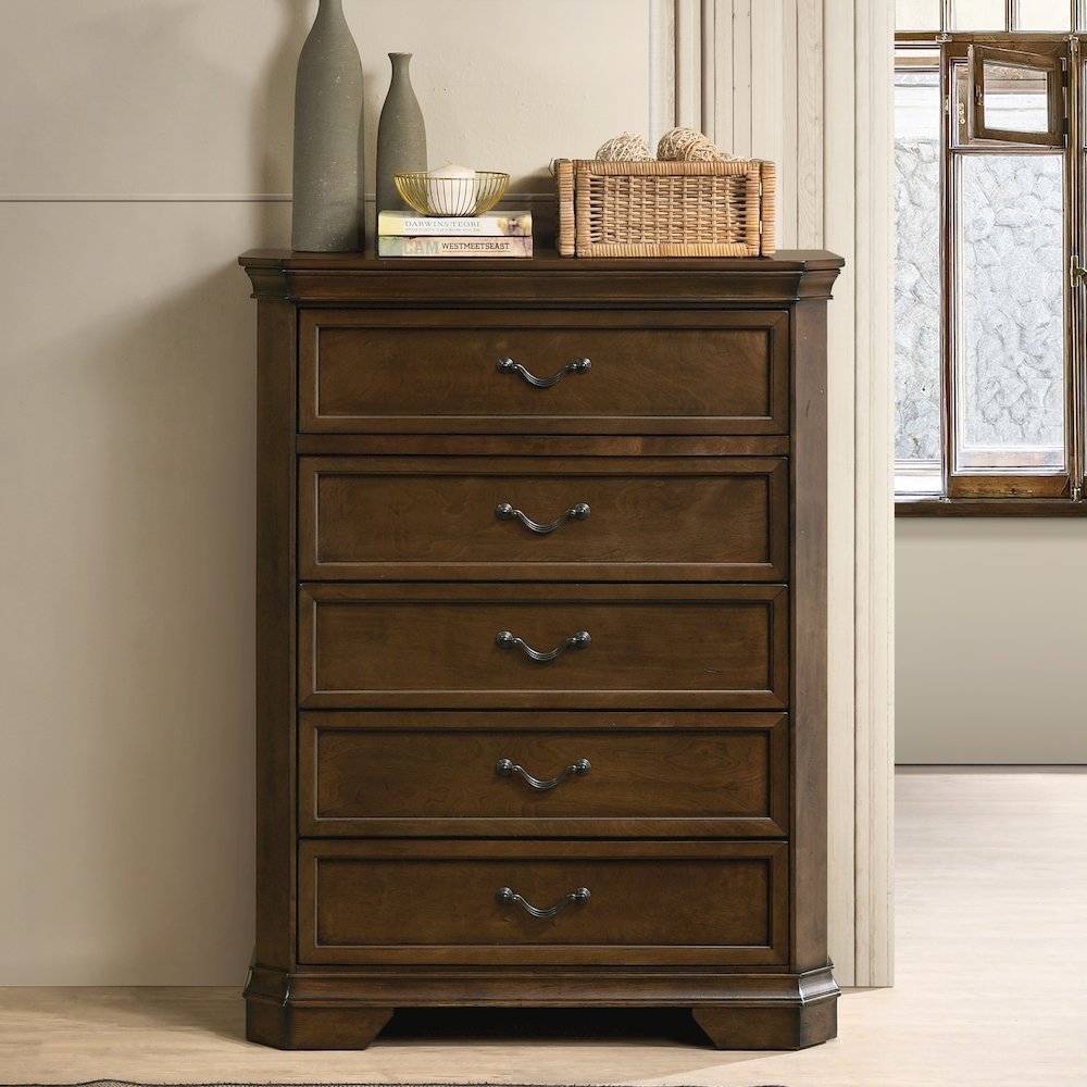 Maderne Traditional Wood 5-Drawer Chest, Antique Walnut Finish. Picture 2