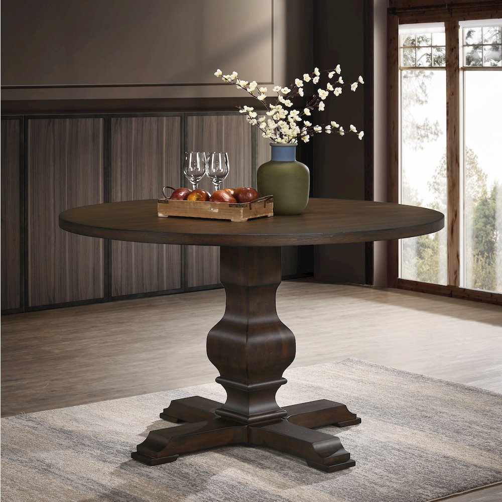 Havre Burnish Oak Finished Wood Pedestal Round Dining Table. Picture 2