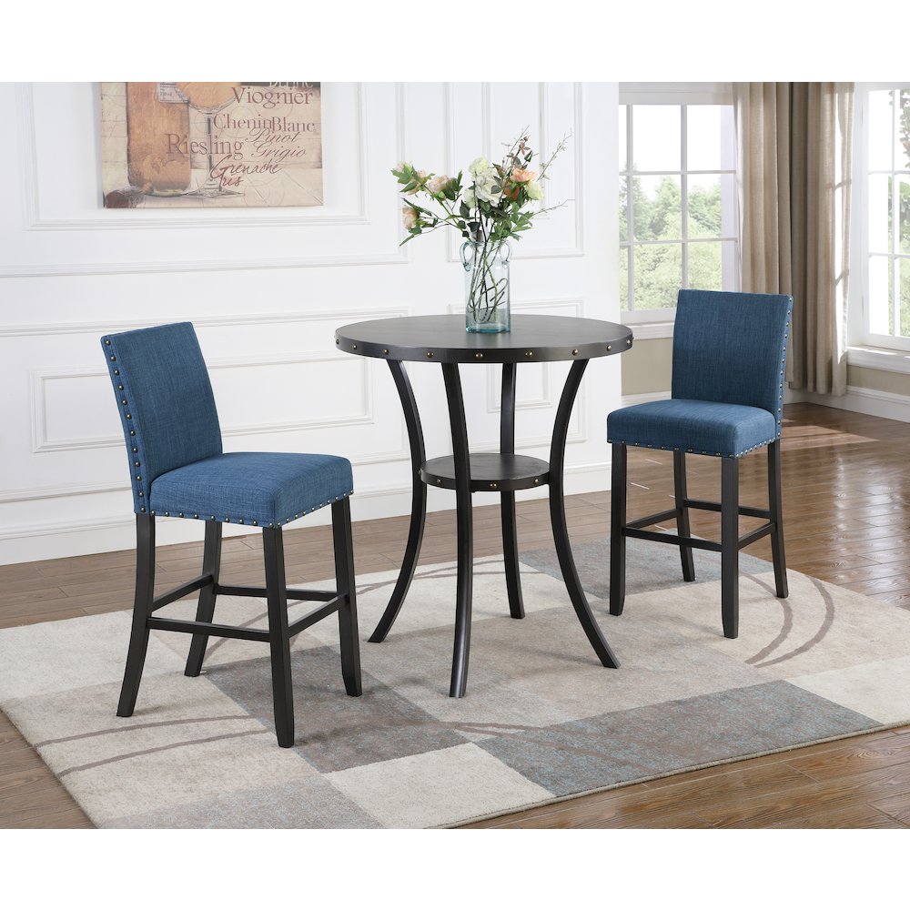 Biony 3-Pc 36" Round Espresso Finish Bar Table with 2 Blue Pub Chairs. Picture 2